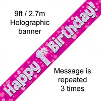 1st Birthday - Foil Holographic Banner Pink