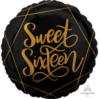 16th Birthday Sweet Elegant Black & Gold Foil Balloon (45cm)