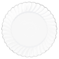 Premium White Dinner Plates 25.4cm w/Silver Trim Scalloped w/Metal Trim