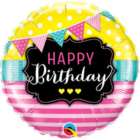 Happy Birthday Pennants & Pink Stripes 45cm Foil Balloon